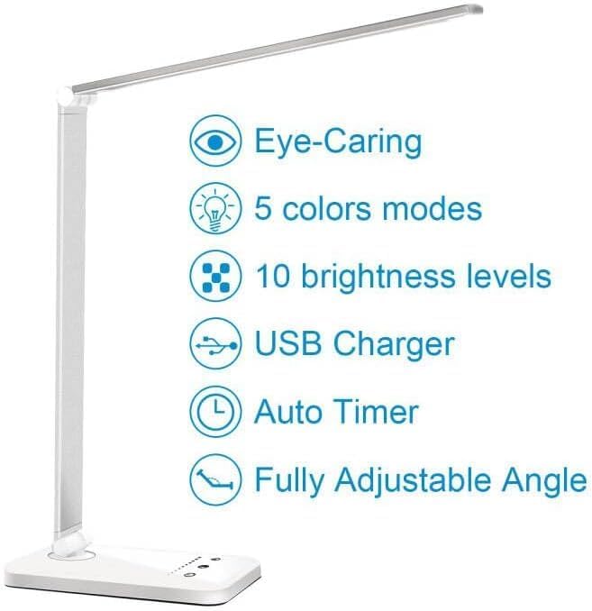 white crown LED Desk Lamp Dimmable Table Lamp Reading Lamp with USB Charging Port, 5 Lighting Modes, Sensitive Control, 30/60 Minutes Timer (White) - Grand Goldman
