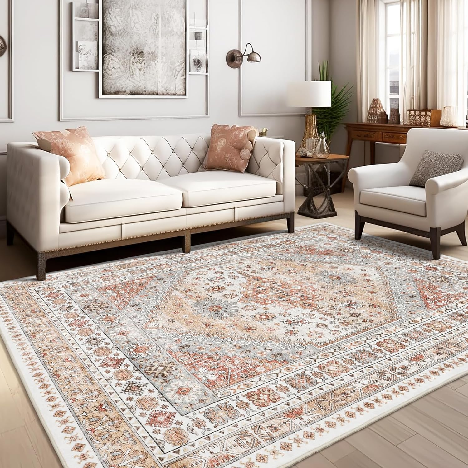 zesthome 8x10 Area Rugs for Living Room,Non-Slip Backing Washable Rugs,Vintage Large Area Rug，Stain Resistant Home Decor Rug (Orange,8'x10') - Grand Goldman