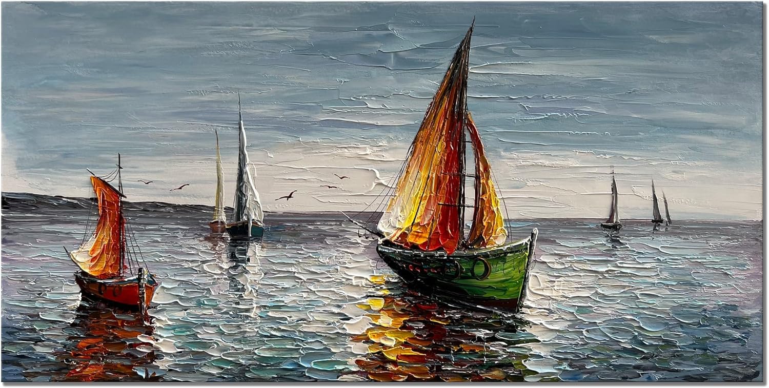 zoinart Hand Painted Fishing Boat Wall Paintings Abstract Large Canvas Wall Art Colorful Sailboat Artwork Seascape Pictures Living Room Bedroom Wall Decor - Grand Goldman