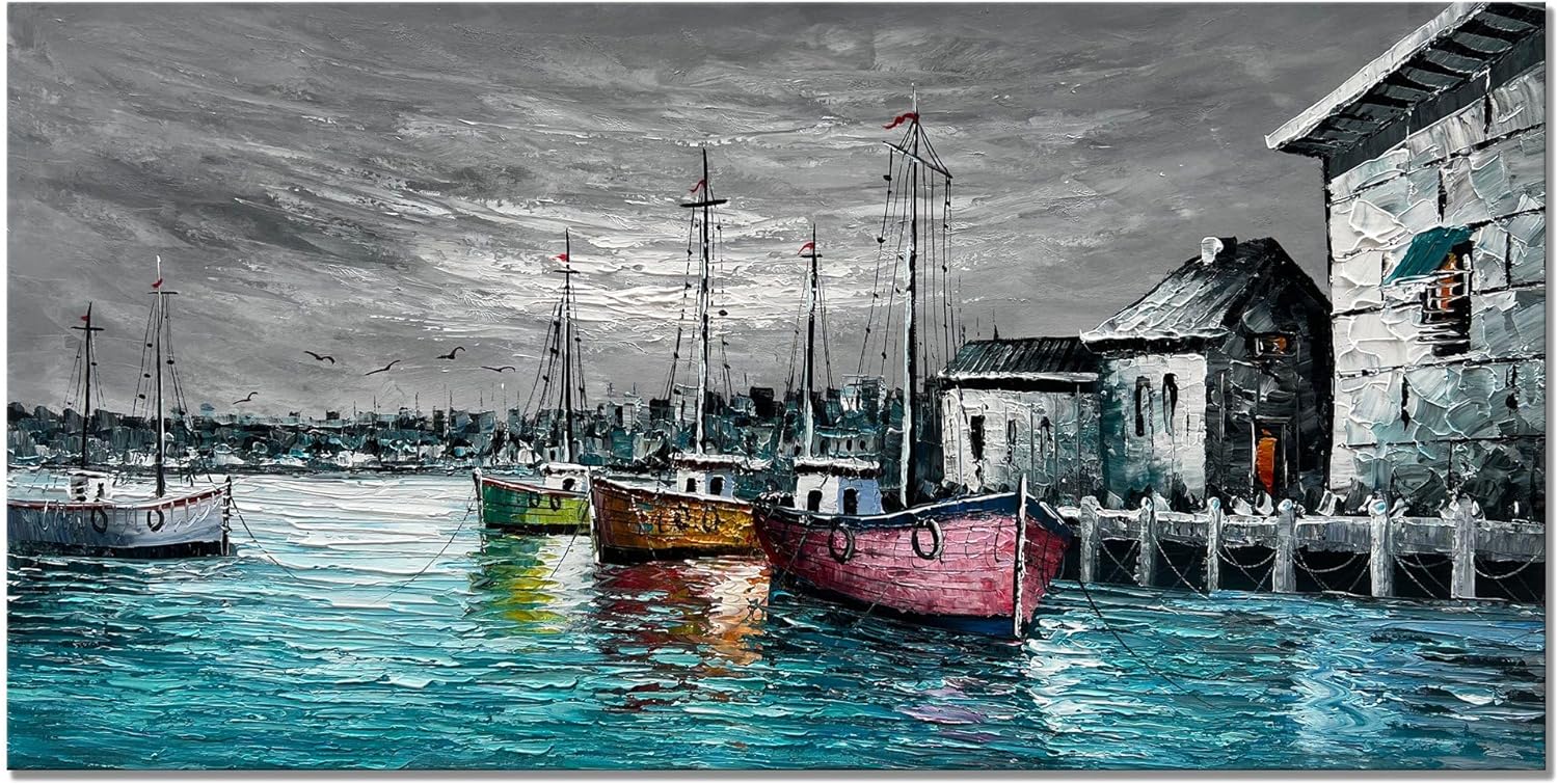 zoinart Hand Painted Fishing Boat Wall Paintings Abstract Large Canvas Wall Art Colorful Sailboat Artwork Seascape Pictures Living Room Bedroom Wall Decor - Grand Goldman