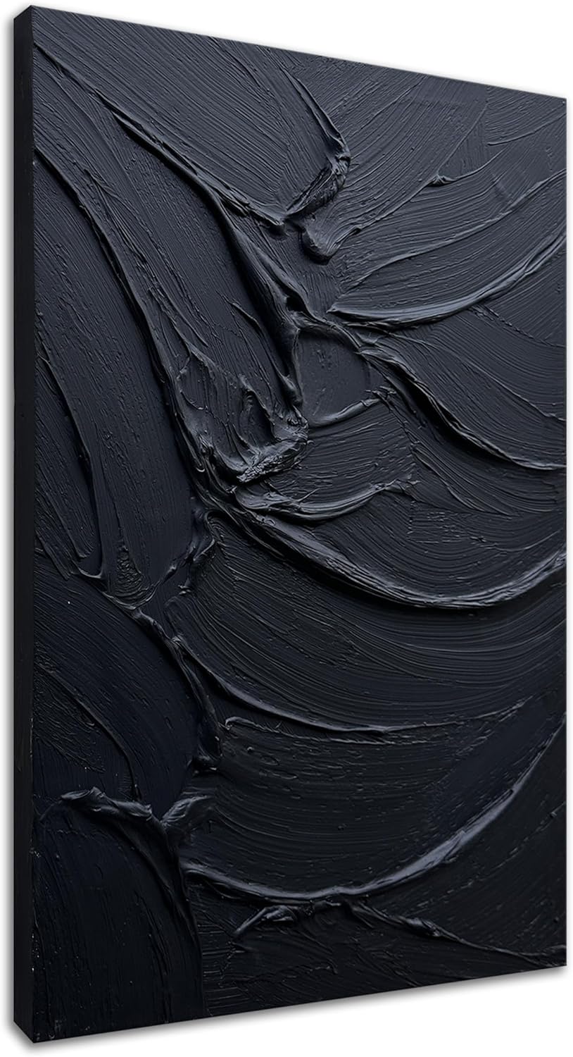 zoinart Pure Black Paintings Texture Wall Art 48x24 Inches Modern Abstract Oil Paintings on Canvas Relief Artwork for Living Room Bedroom Wall Decor - Grand Goldman